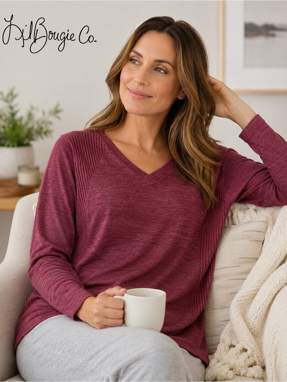 Chico’s Zenergy Burgundy V-Neck Top | Size 1 (8/10) | Long Sleeve Stretch Knit